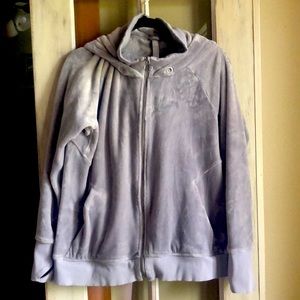 Athlete XL gray ( or silver) hooded velour zip up jacket.Missing string to hood